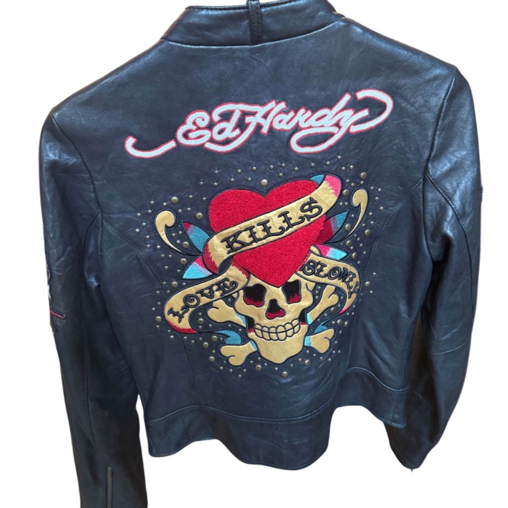 RARE Vintage Y2K Ed Hardy x Avirex Love Kills Slowly Black Leather Jacket Skull
